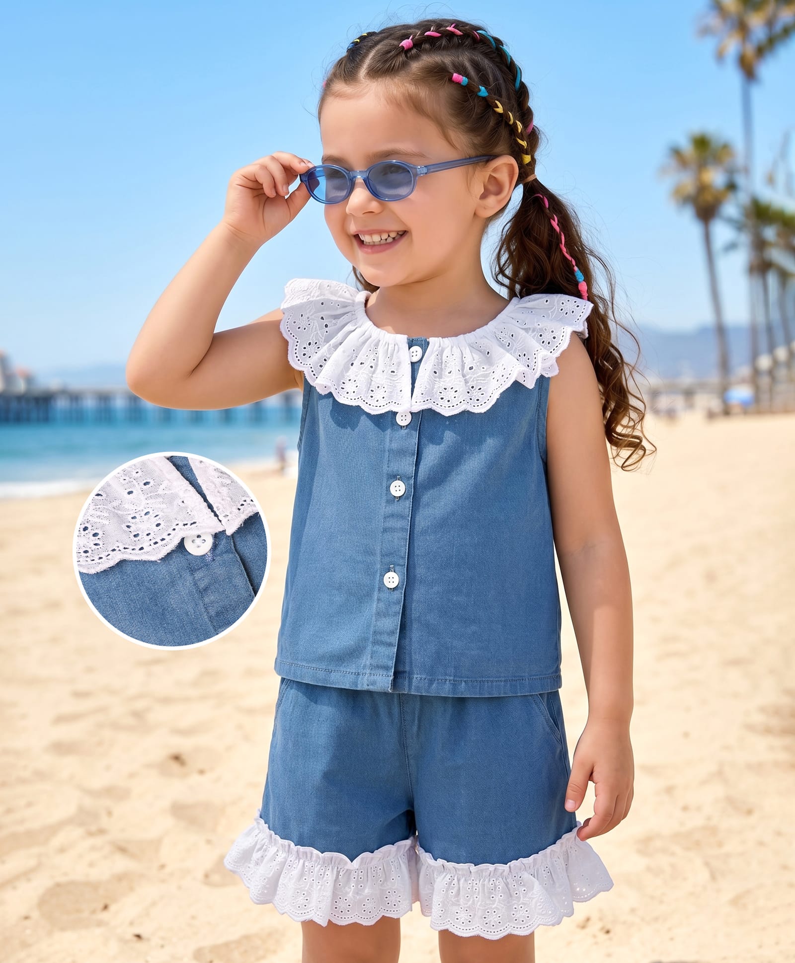 Mark & Mia Cotton Lycra Knit Sleeveless Solid Top & Shorts Set With Schiffly Detailing - Blue-image-34