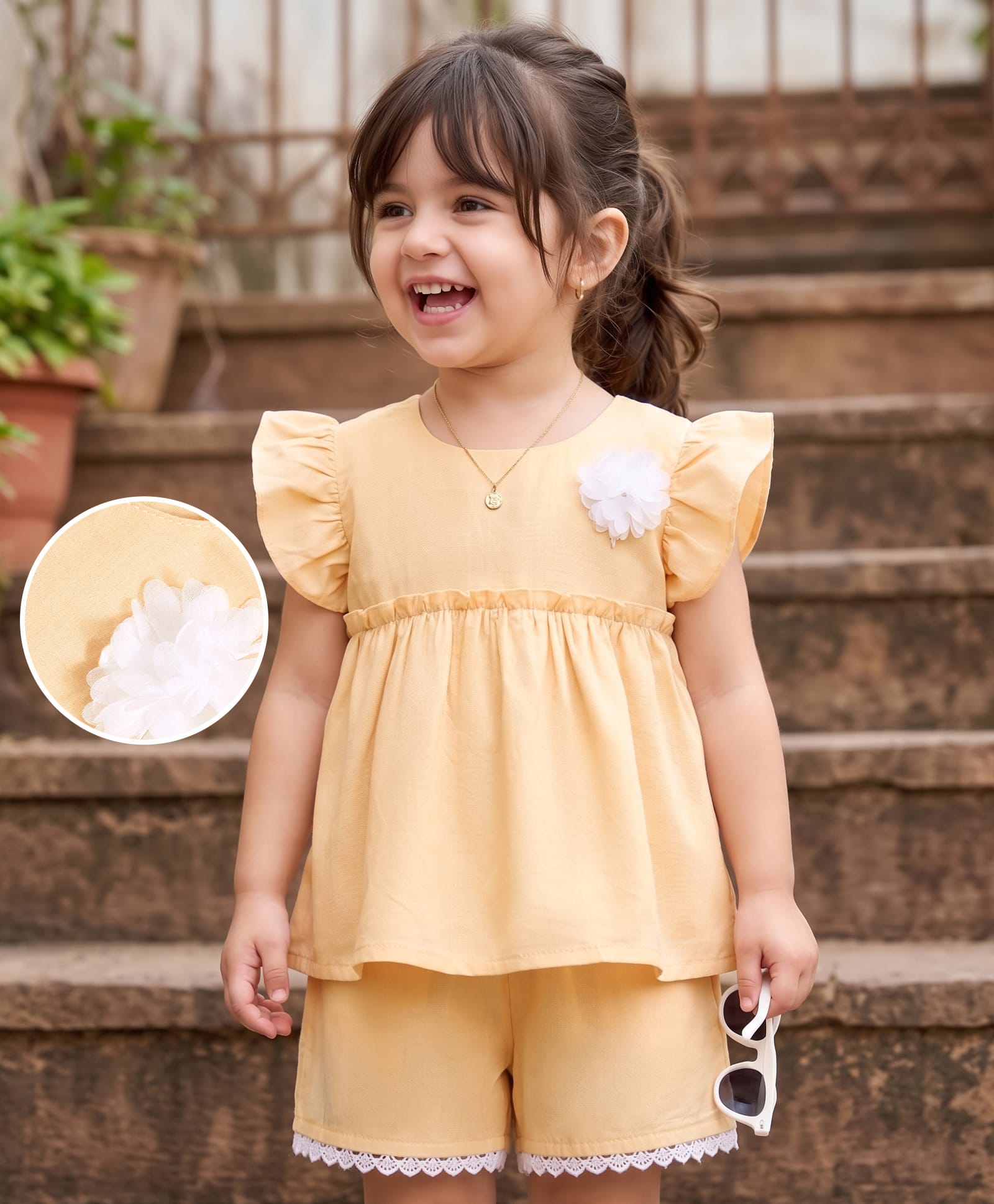 Mark & Mia Cotton Woven Half Cap Sleeves Solid Top & Shorts Set With Floral Applique - Yellow-picture-29