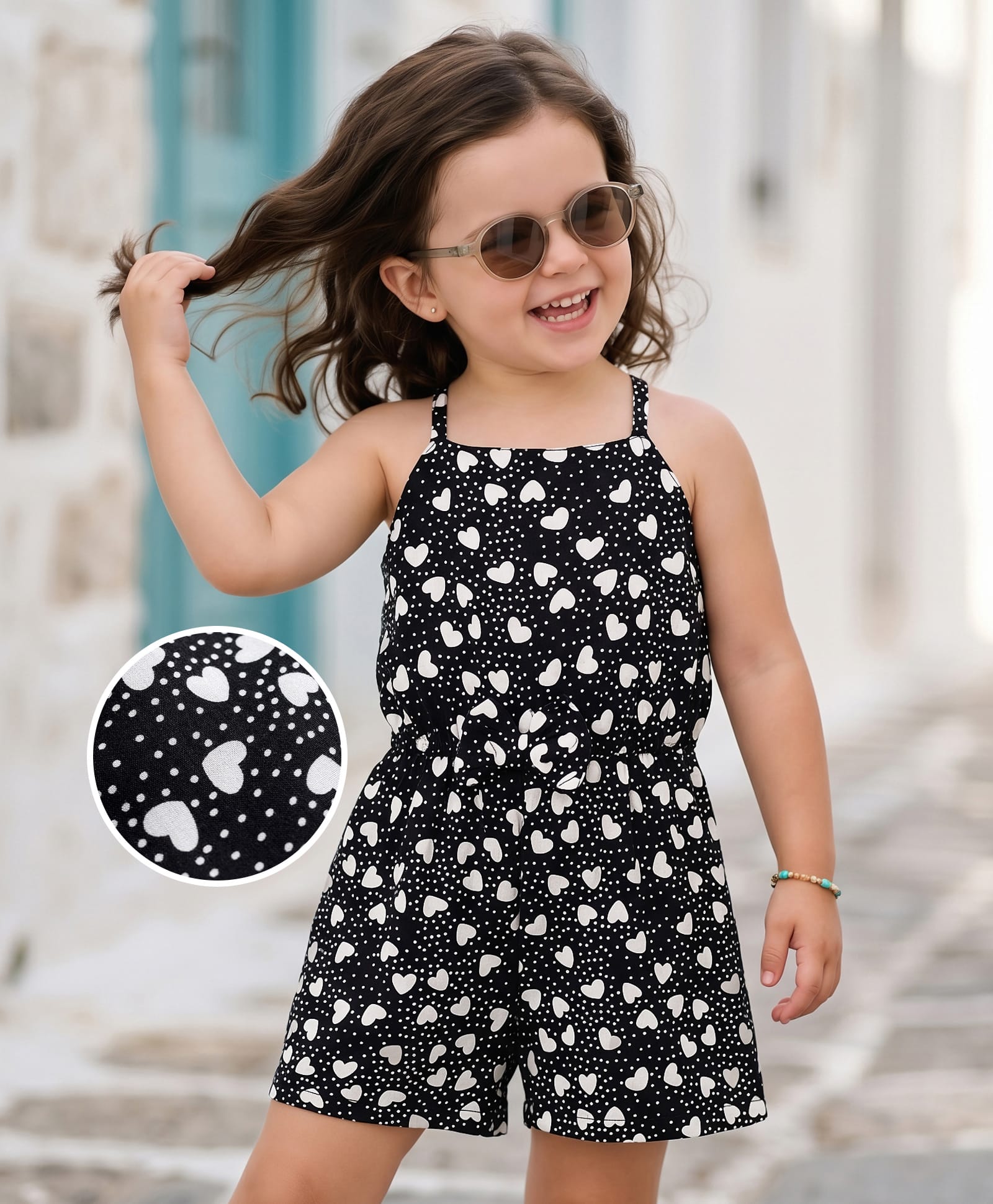 Mark & Mia Cotton Woven Sleeveless Jumpsuit with Heart Print & Bow Applique - Black-image-30