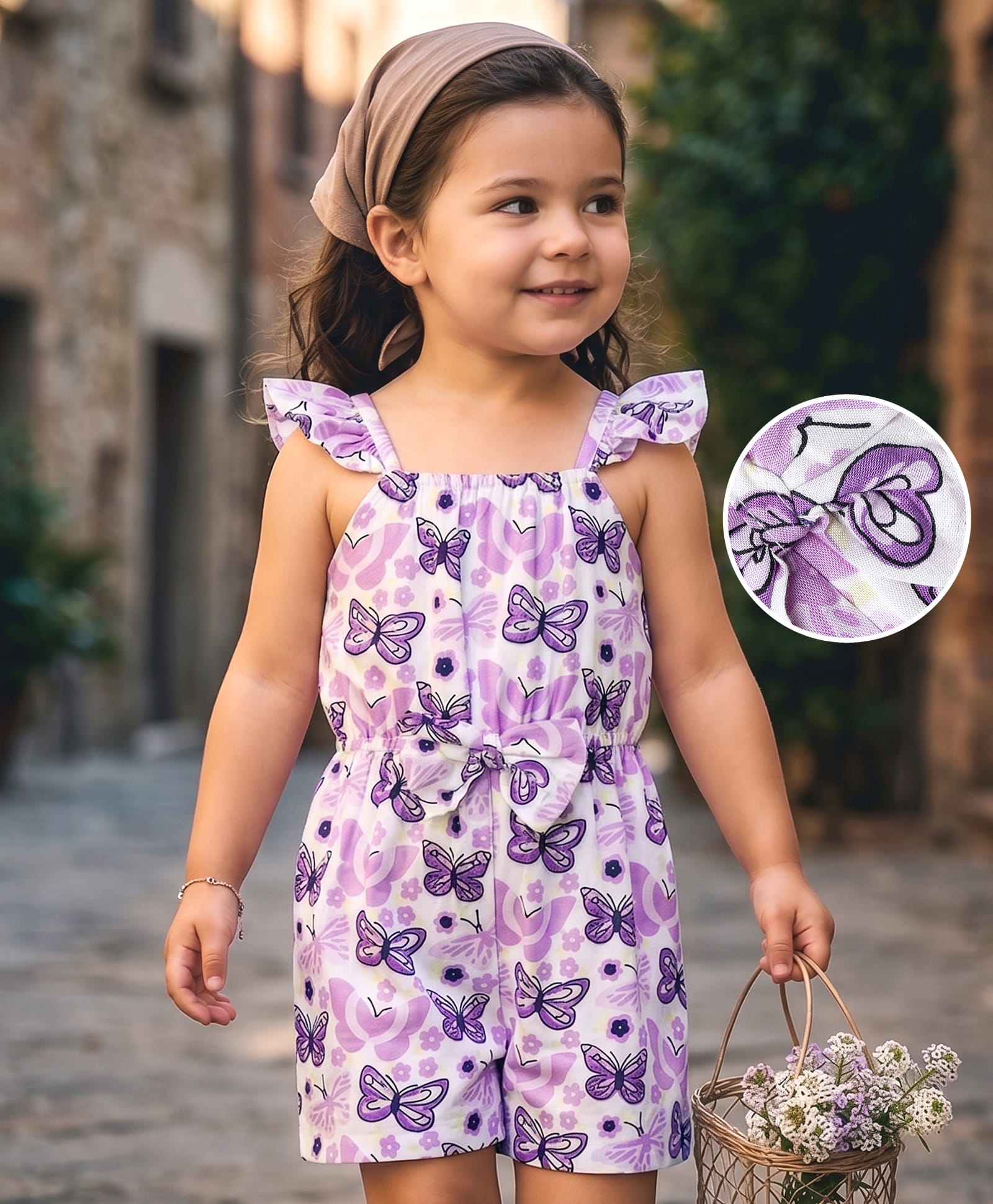 Mark & Mia Cotton Woven Sleeveless Jumpsuit With Butterfly Print Bow & Frill Detailing - Lavender-picture-20
