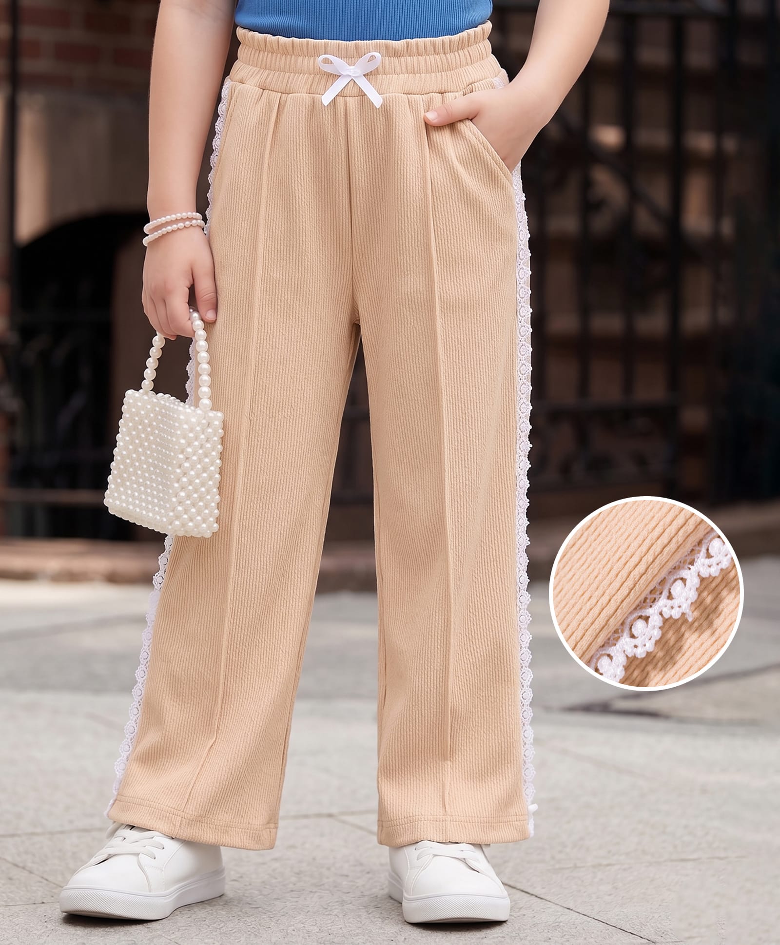 Mark & Mia Knitted Full Length Pyjama With Lace Detailing - Beige-picture-23