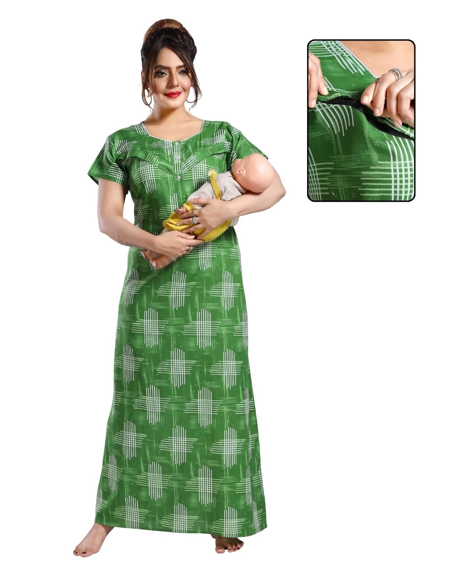 Fabme Knit Half Sleeves Abstract Printed Maternity Nighty With Side Zipper Nursing Access - Green-image-30