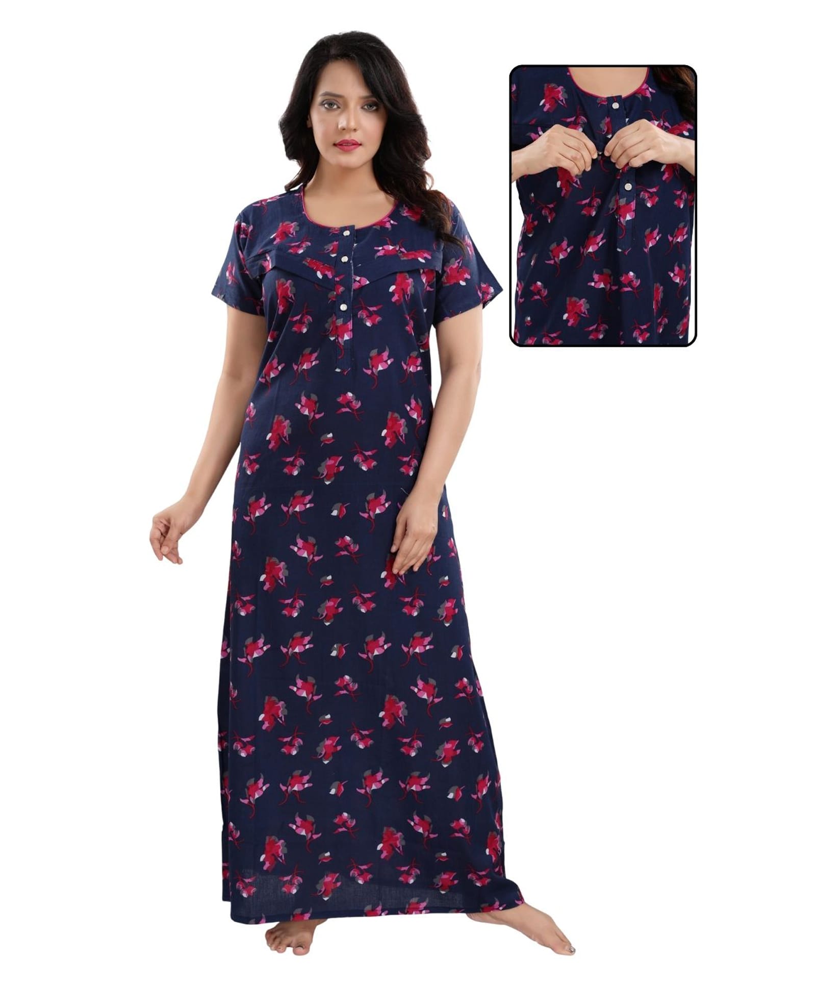 Fabme Knit Half Sleeves Floral Printed Maternity Nighty With Side Zipper Nursing Access - Blue