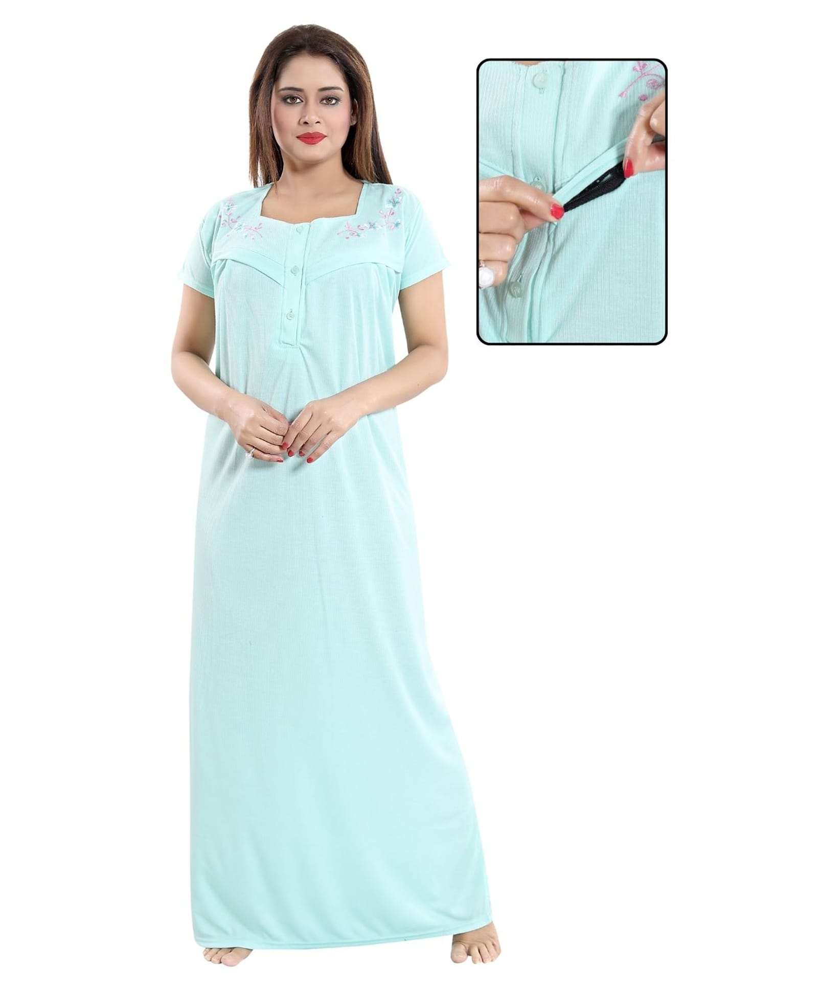 Fabme Woven Half Sleeves Floral Printed Maternity Nighty With Side Zipper Nursing Access - Light Green