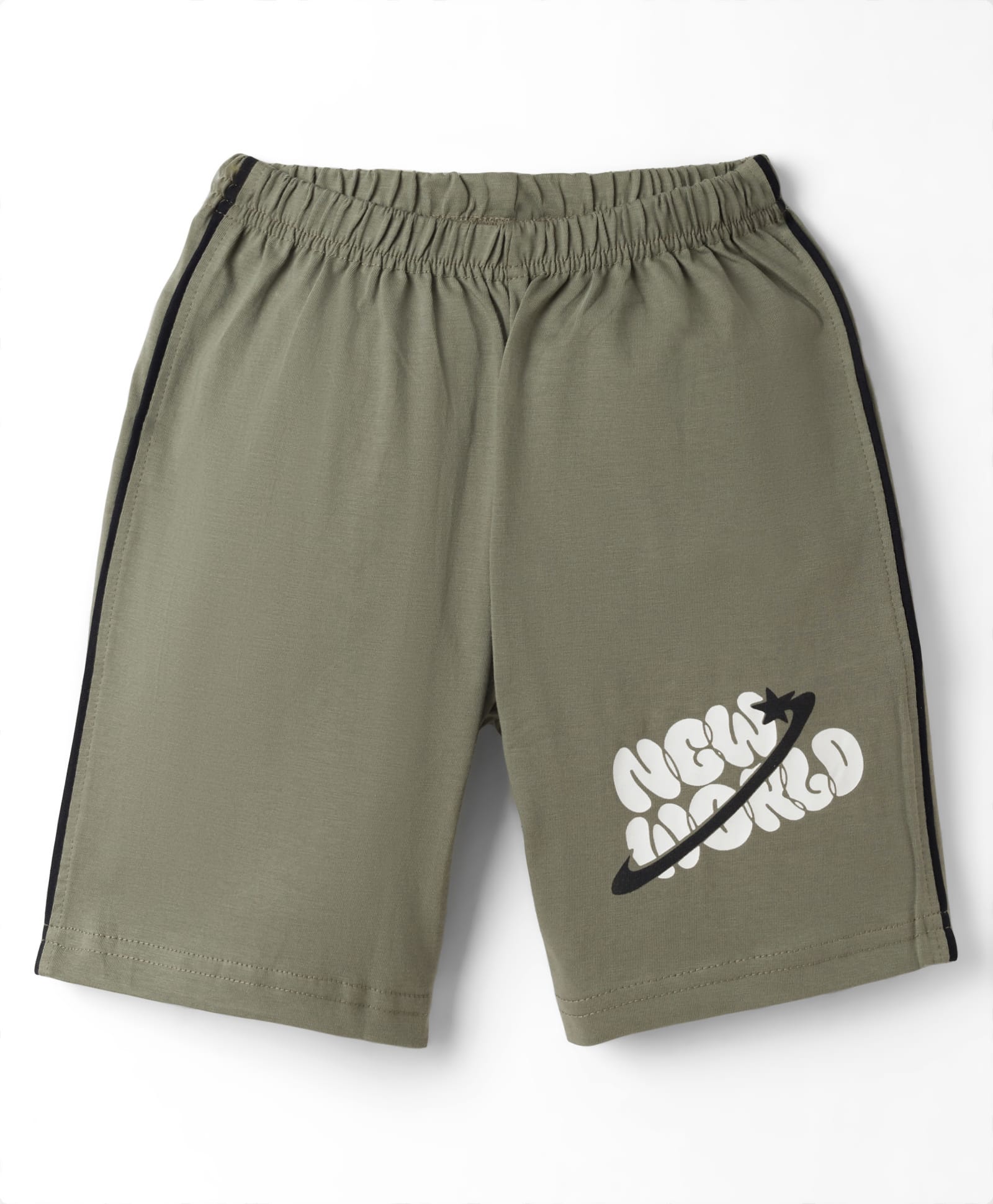 Taeko Single Jersey Knit Knee Length Shorts with New World Print & Tape Detailing - Olive Green-picture-15