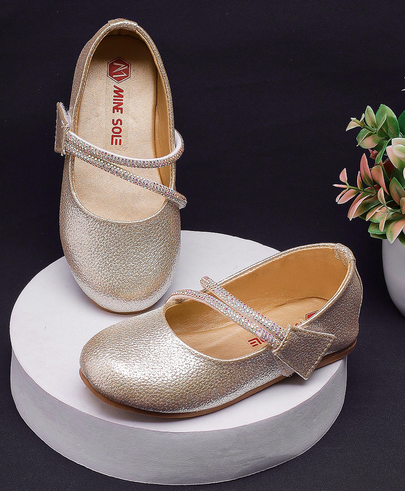 Mine Sole Shimmer Detailed Stone Embellished Velcro Closure Ballerinas - Gold-image-20