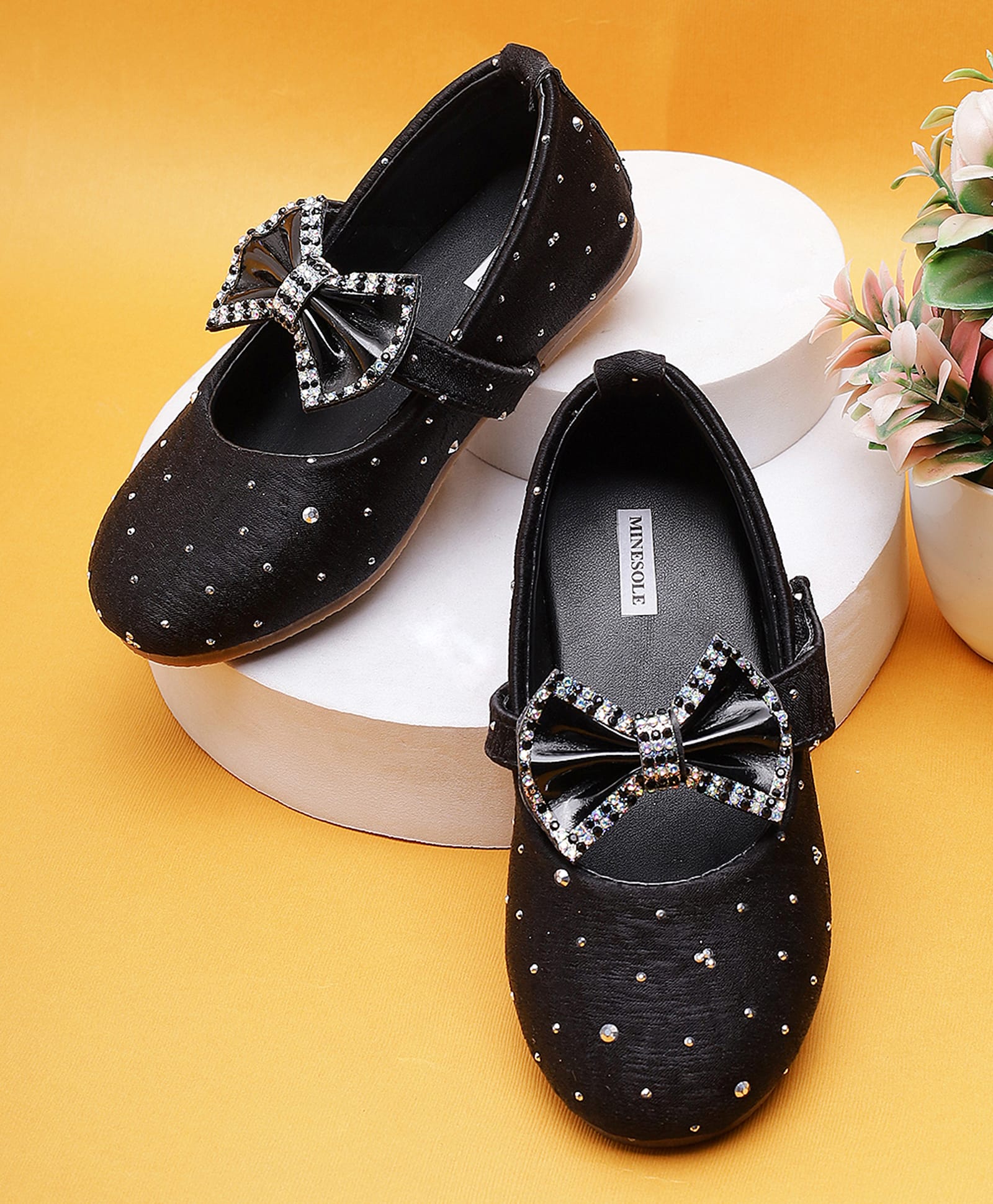 Mine Sole Stone Embellished Bow Applique Detailed Velcro Closure Mary Jane Ballerinas - Black-image-49
