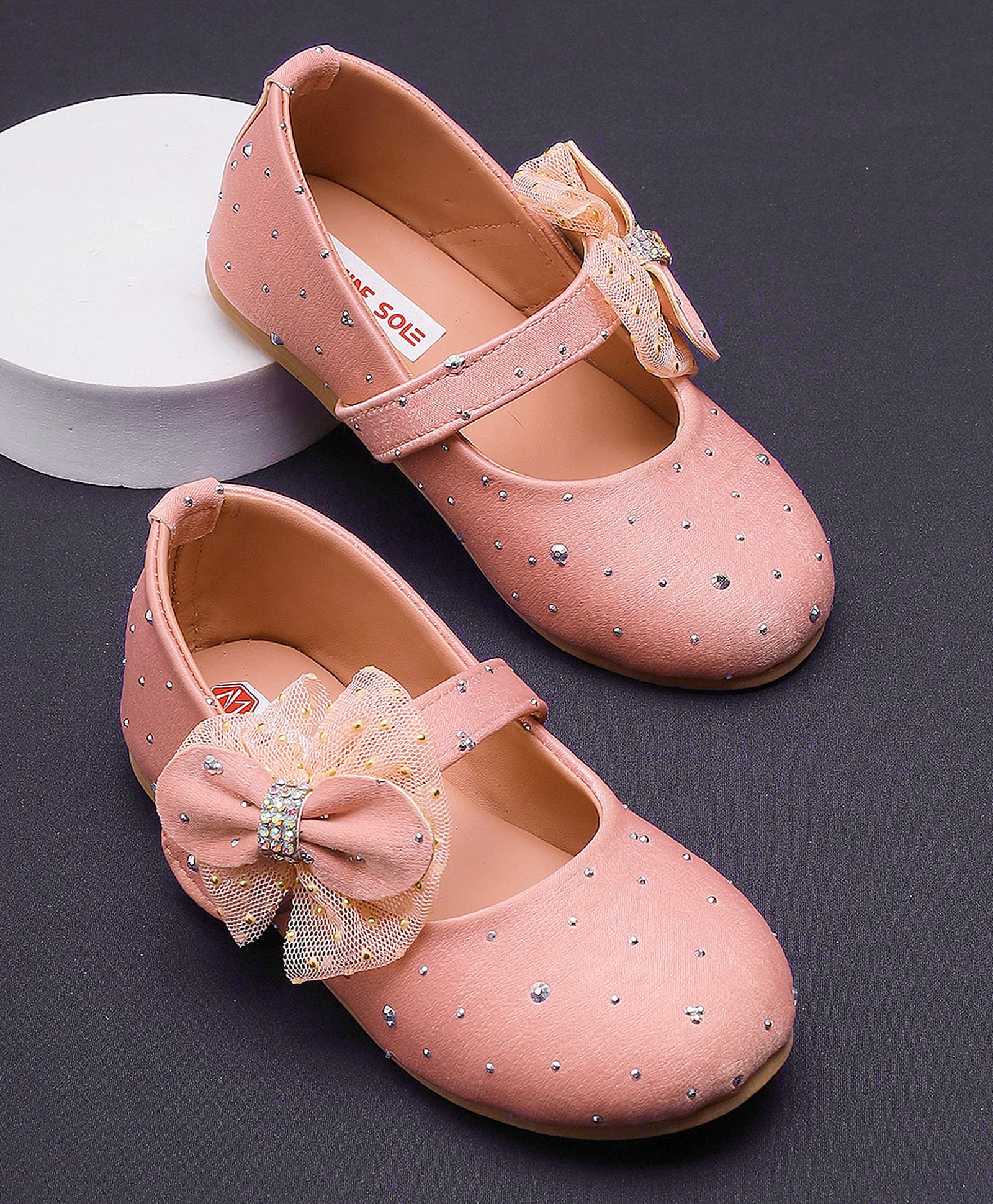 Mine Sole Stone Embellished Bow Applique Detailed Velcro Closure Mary Jane Ballerinas - Peach-image-19