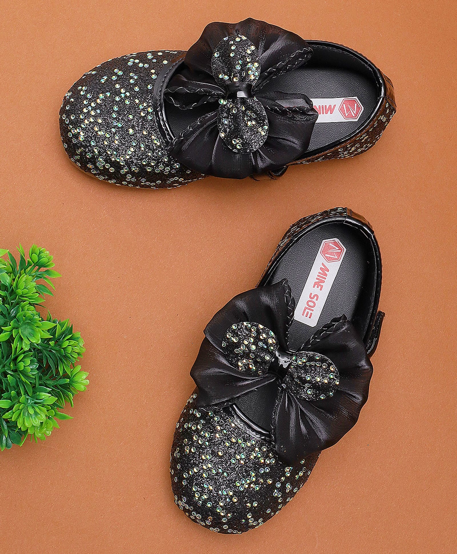 Mine Sole Bow Applique Detailed Stones Embellished Mary Jane Ballerinas - Black-image-39