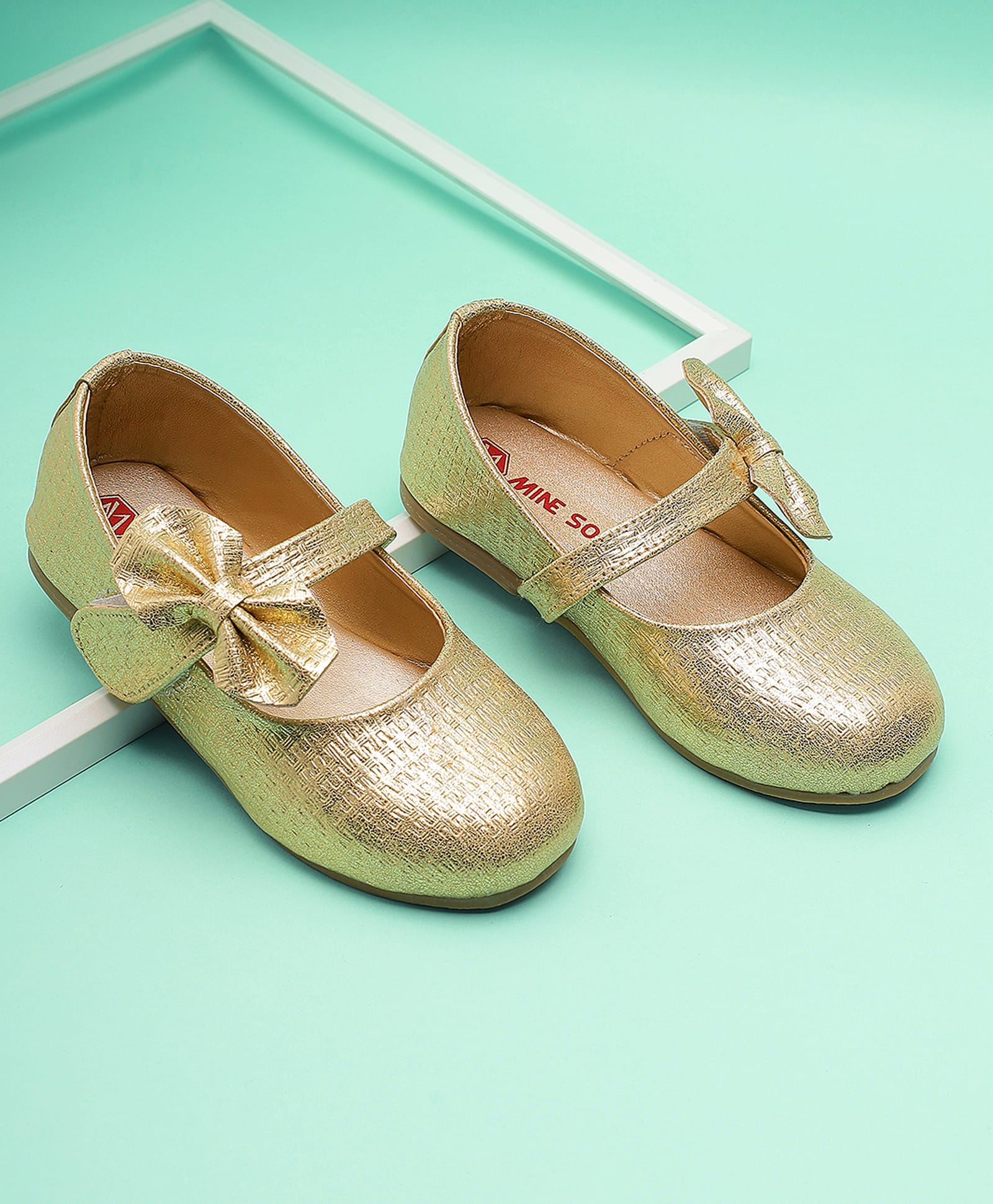 Mine Sole Metallic Finished Bow Applique Detailed Velcro Closure Mary Jane Ballerinas - Gold-image-13