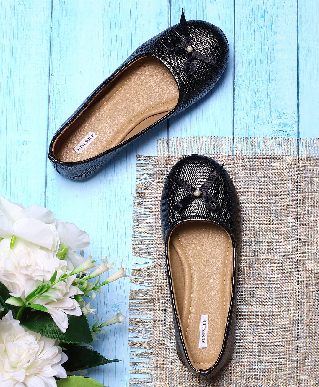 Mine Sole Bow Embellished Ballerinas - Black-image-26