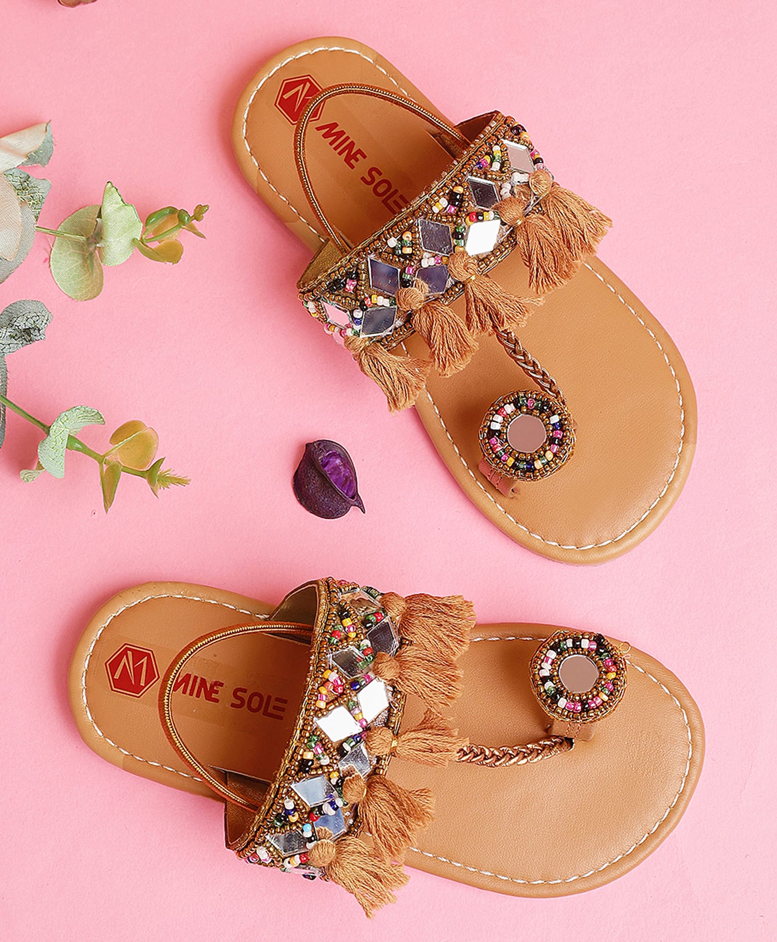 Mine Sole Mirror Work Beads & Tassels Detailed Kolhapuri Sandals - Gold