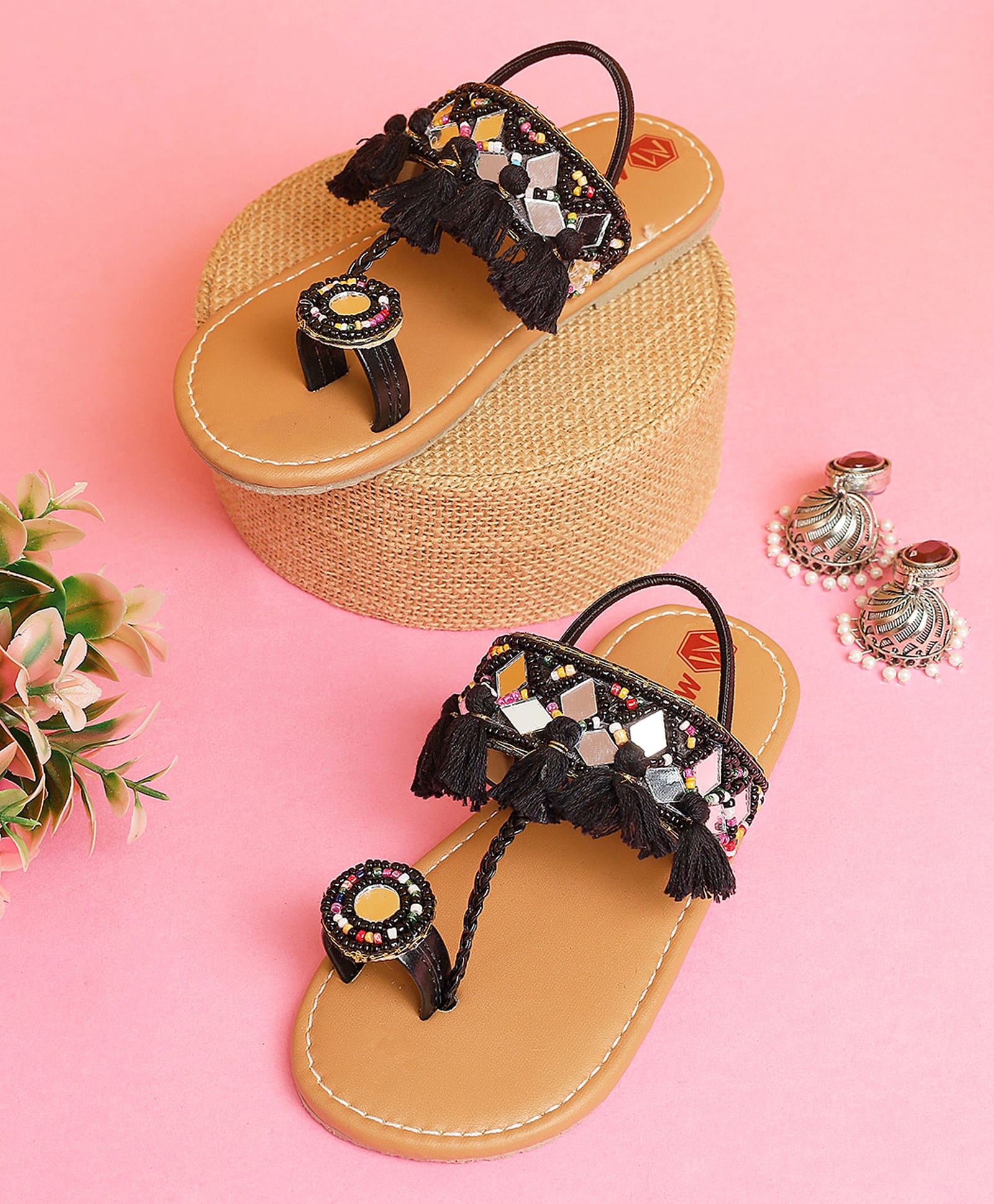 Mine Sole Mirror Work Beads & Tassels Detailed Kolhapuri Sandals - Black-image-45