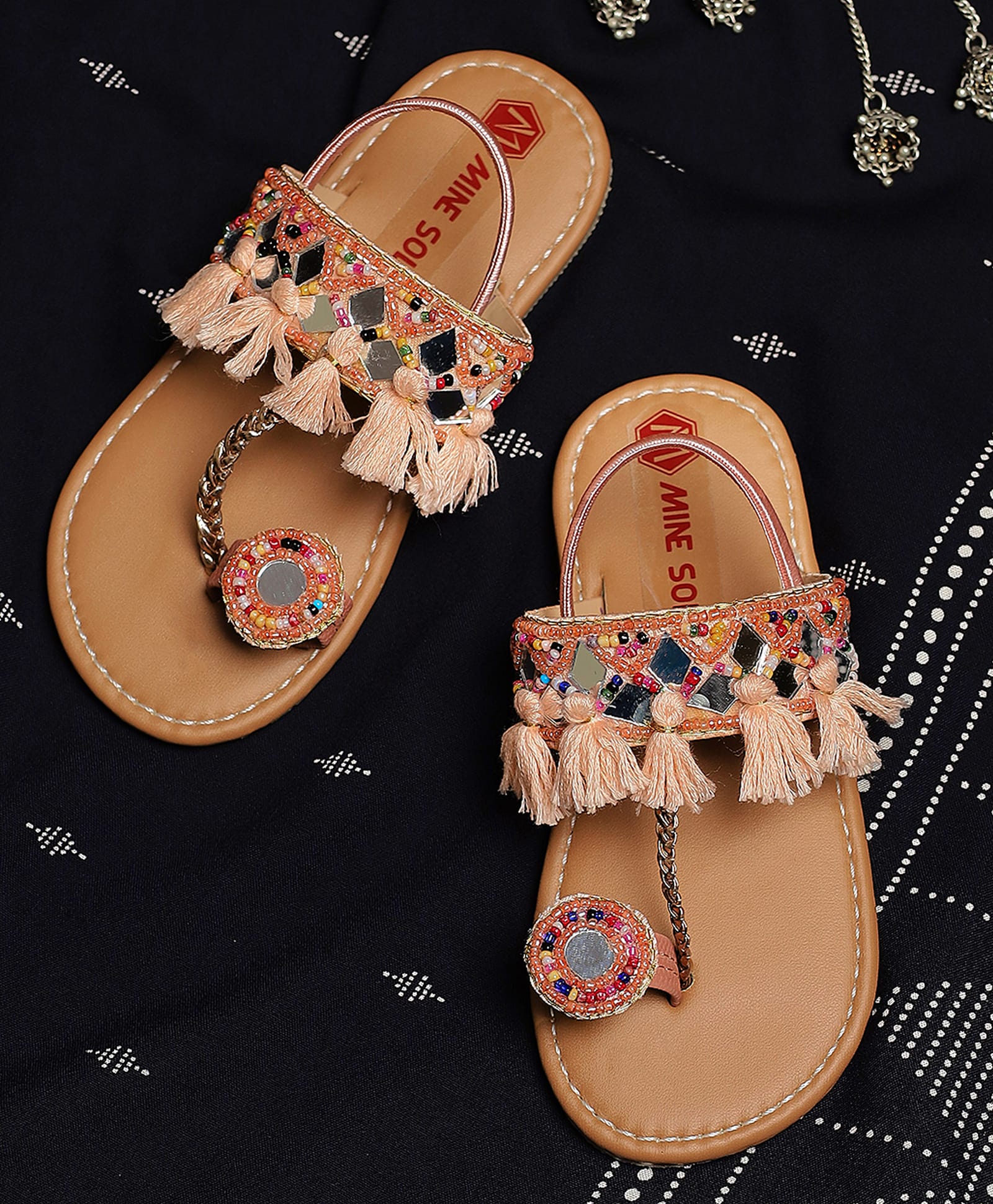 Mine Sole Mirror Work Beads & Tassels Detailed Kolhapuri Sandals - Peach-image-6