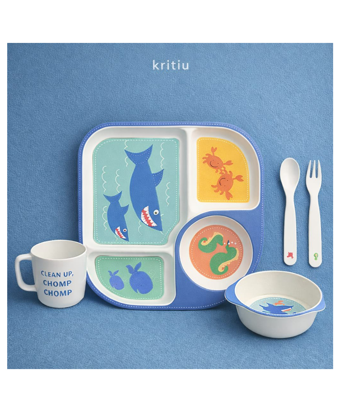 Kritiu Kids Bamboo Fiber Feeding Plate Set with Bowl, Spoon, Fork & Cup 5 Piece Baby Dinnerware Set (Shark Ocean Theme, Blue)-image-26
