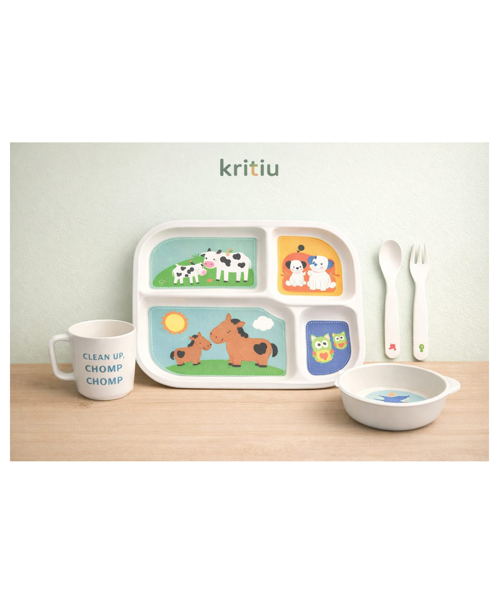 Kritiu Kids Bamboo Fiber Feeding Plate Set with Bowl, Spoon, Fork & Cup 5 Piece Baby Dinnerware Set (Cow Theme)-picture-16