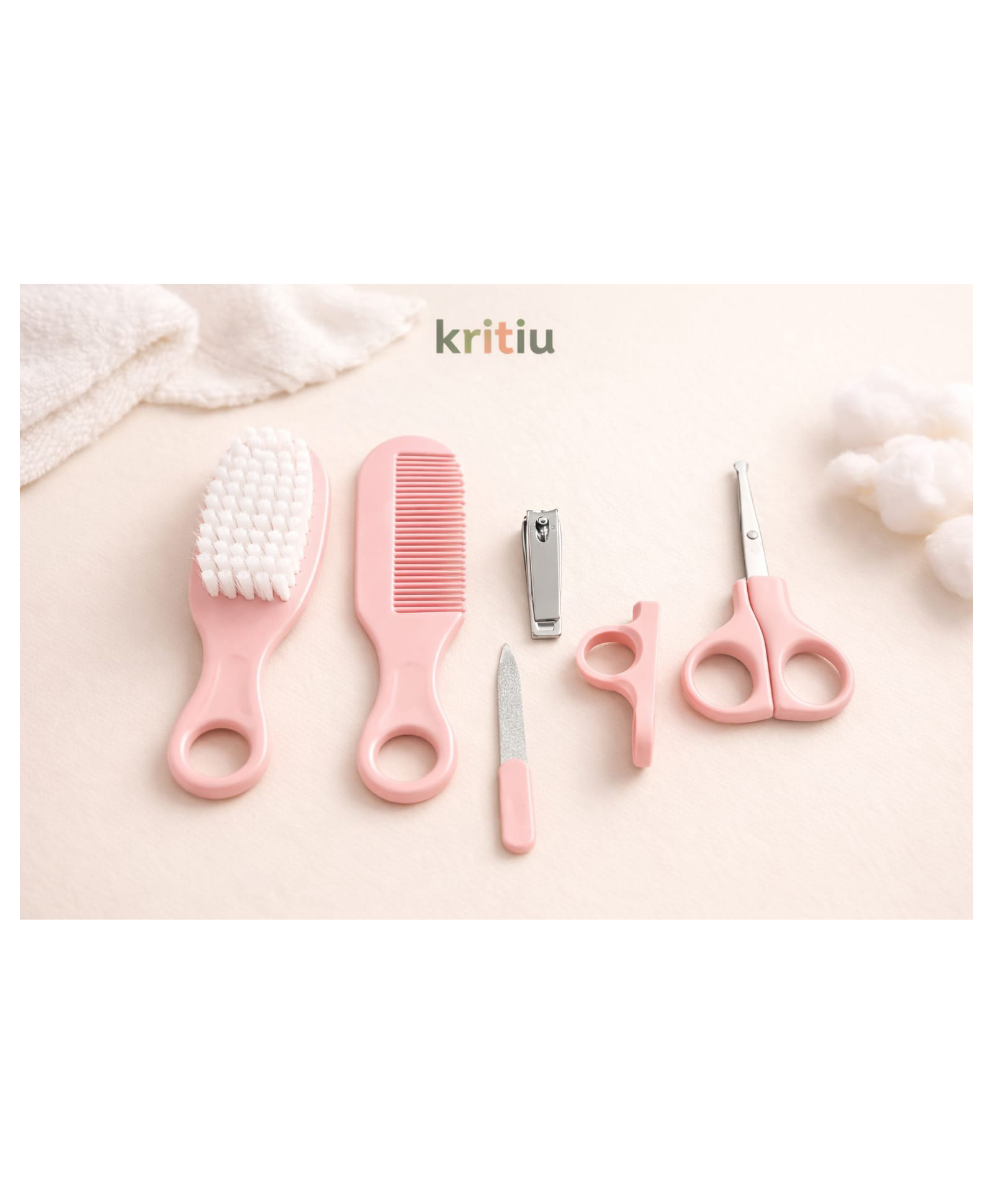 Kritiu 5 Piece Baby Grooming Kit for Newborns Hair Brush, Comb, Nail Cutter, Nail File & Safety Scissors Baby Care Set (Pink)-picture-3