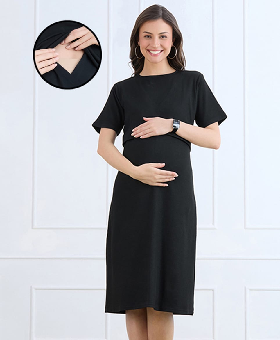 MomToBe Cotton Blend Knit Half Sleeves Solid Maternity Dress With Overlap Nursing Access - Ink Black-picture-45