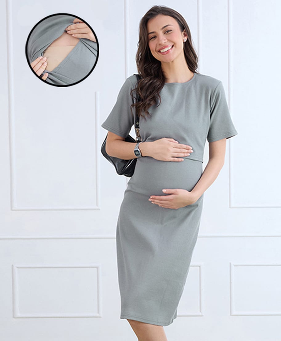 MomToBe Cotton Blend Knit Half Sleeves Solid Maternity Dress With Overlap Nursing Access - Cloud Grey-image-48