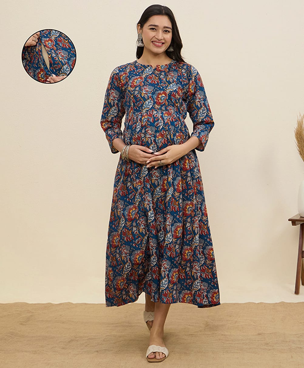 MomToBe Cotton Woven Three Fourth Sleeves Floral Printed Maternity Kurti With Side Zipper Nursing Access - Peacock Blue-image-47