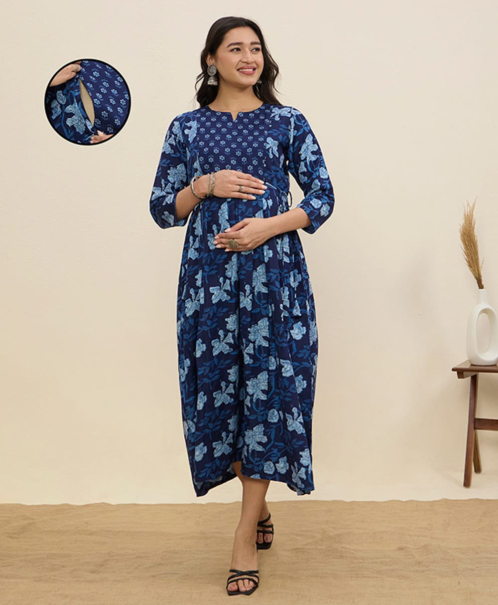 MomToBe Cotton Blend Woven Three Fourth Sleeves Floral Printed With Side Zipper Nursing Access - Royal Blue-picture-19
