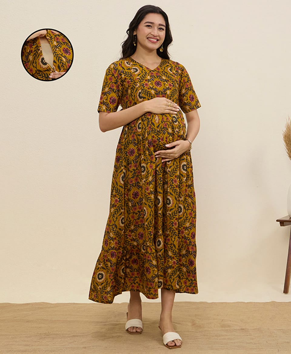 MomToBe Cotton Blend Woven Half Sleeves Floral Printed Dress With Side Zipper Nursing Access - Mustard Yellow-image-47