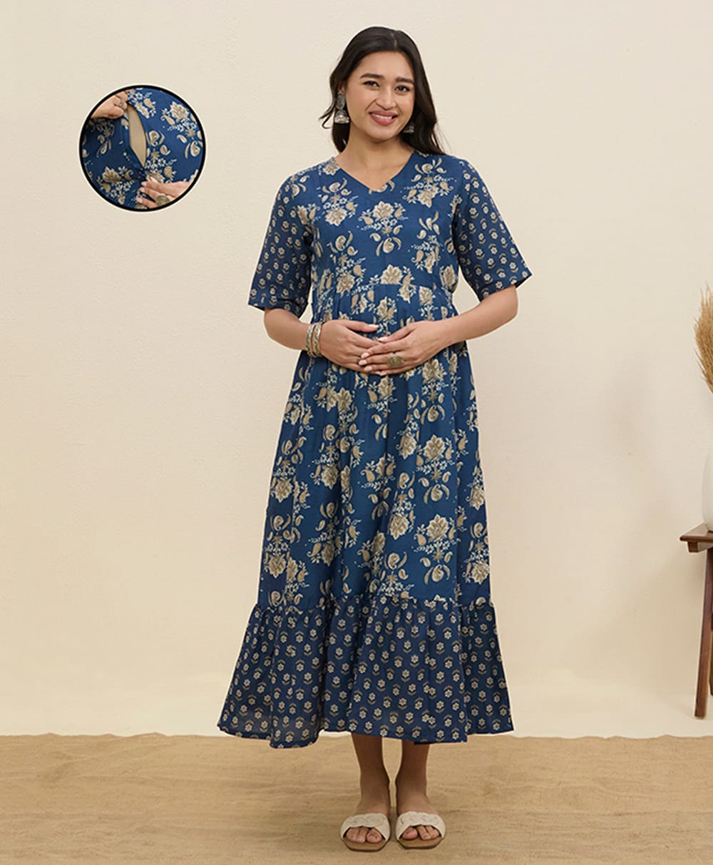 MomToBe Cotton Blend Woven Half Sleeves Floral Printed Dress With Side Zipper Nursing Access - Royal Blue-image-36