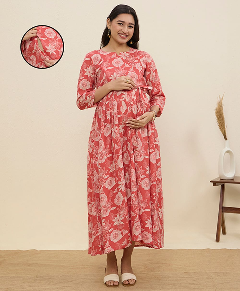 MomToBe Cotton Blend Woven Three Fourth Sleeves Floral Printed Maternity Kurti With Side Zipper Nursing Access - Georgia Peach-image-38