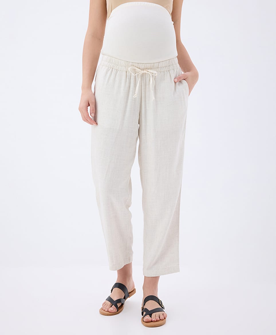 MomToBe Linen Woven Solid Maternity Pant With Tummy Support - Warm Cream-image-1