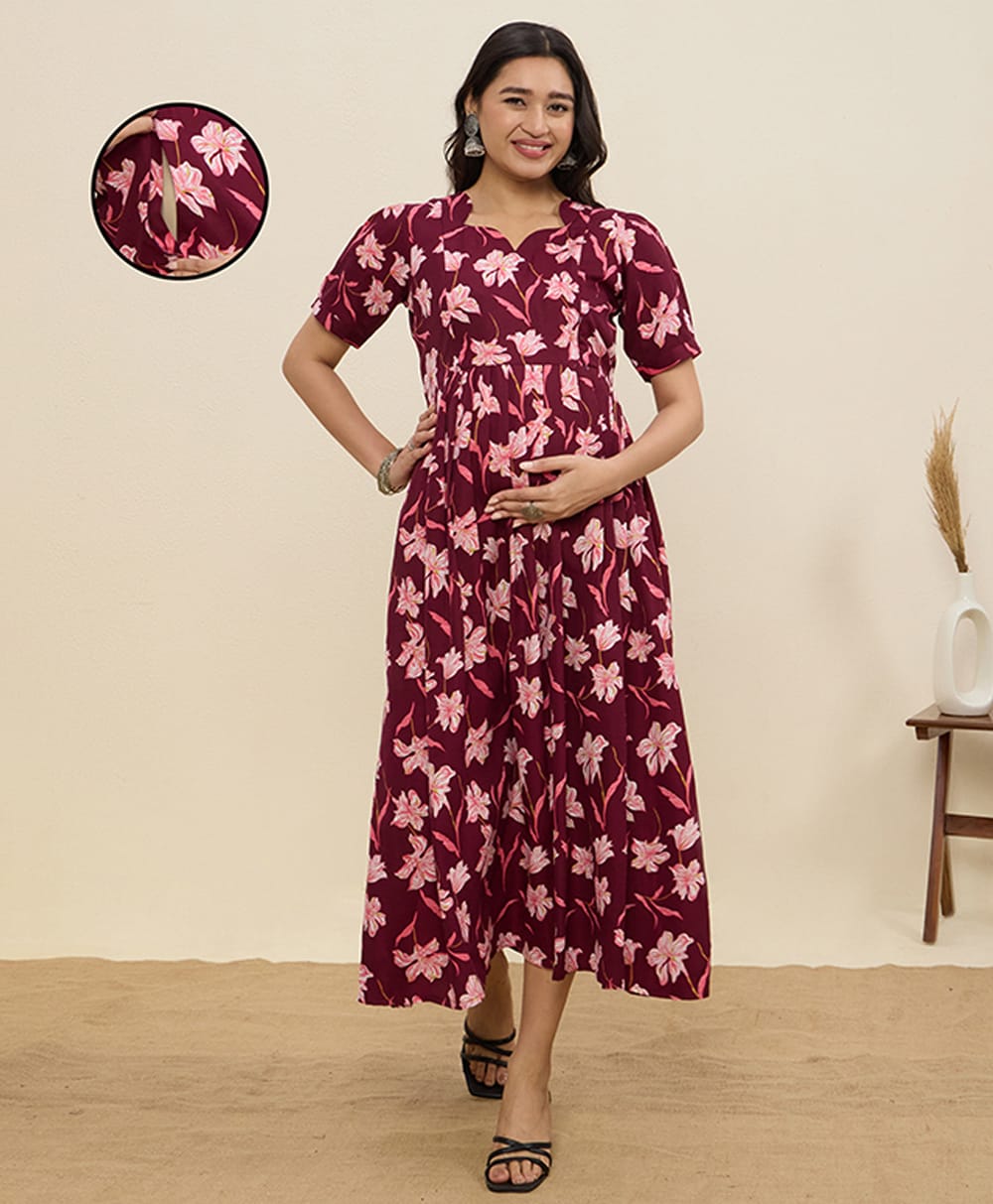 MomToBe Cotton Blend Woven Half Sleeves Floral Printed Maternity Dress With Side Zipper Nursing Access - Wine Pink