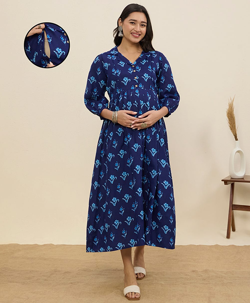 MomToBe Cotton Blend Woven Three Fourth Sleeves Floral Printed Maternity Dress With Side Zipper Nursing Access - Navy Blue-picture-49