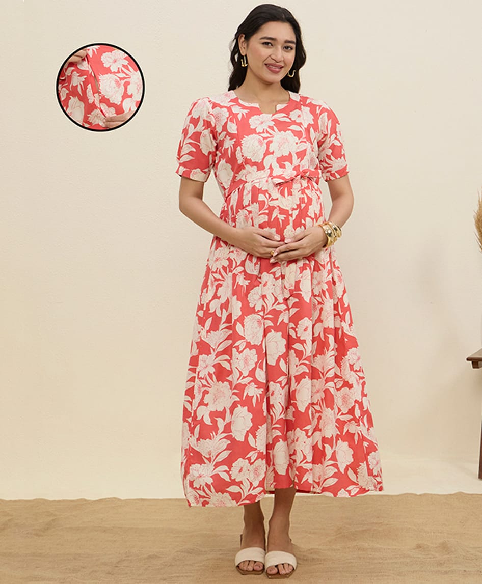 MomToBe Cotton Blend Woven Half Sleeves Floral Printed Dress With Side Zipper Nursing Access - Creamy Peach