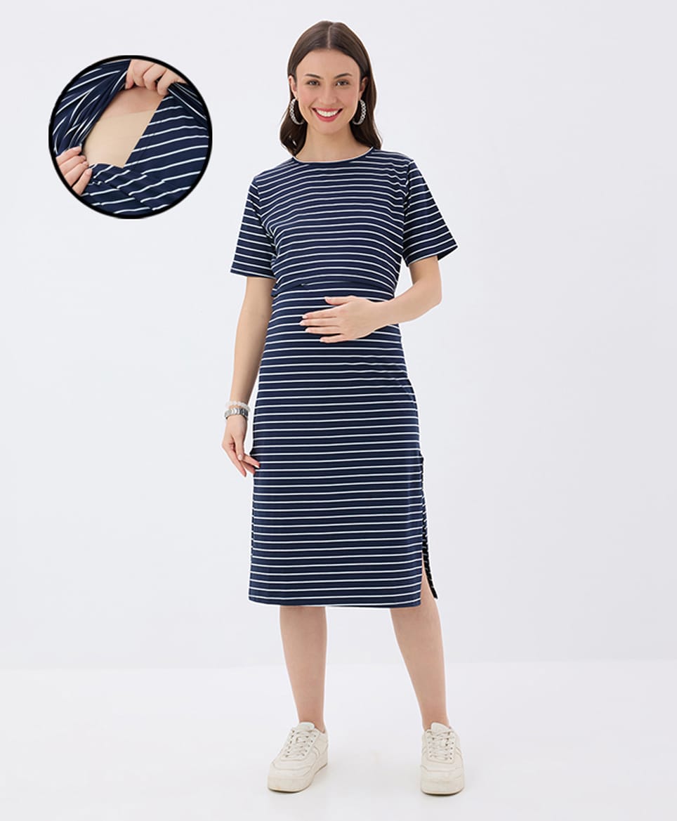 MomToBe Cotton Blend Knit Half Sleeves Striped Maternity Dress With Overlap Nursing Access - Navy Blue