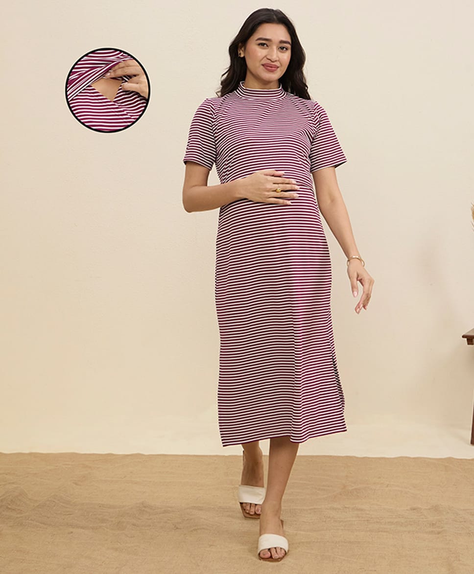 MomToBe Knit Half Sleeves Striped Maternity Dress With Overlap Nursing Access - Deep Wine