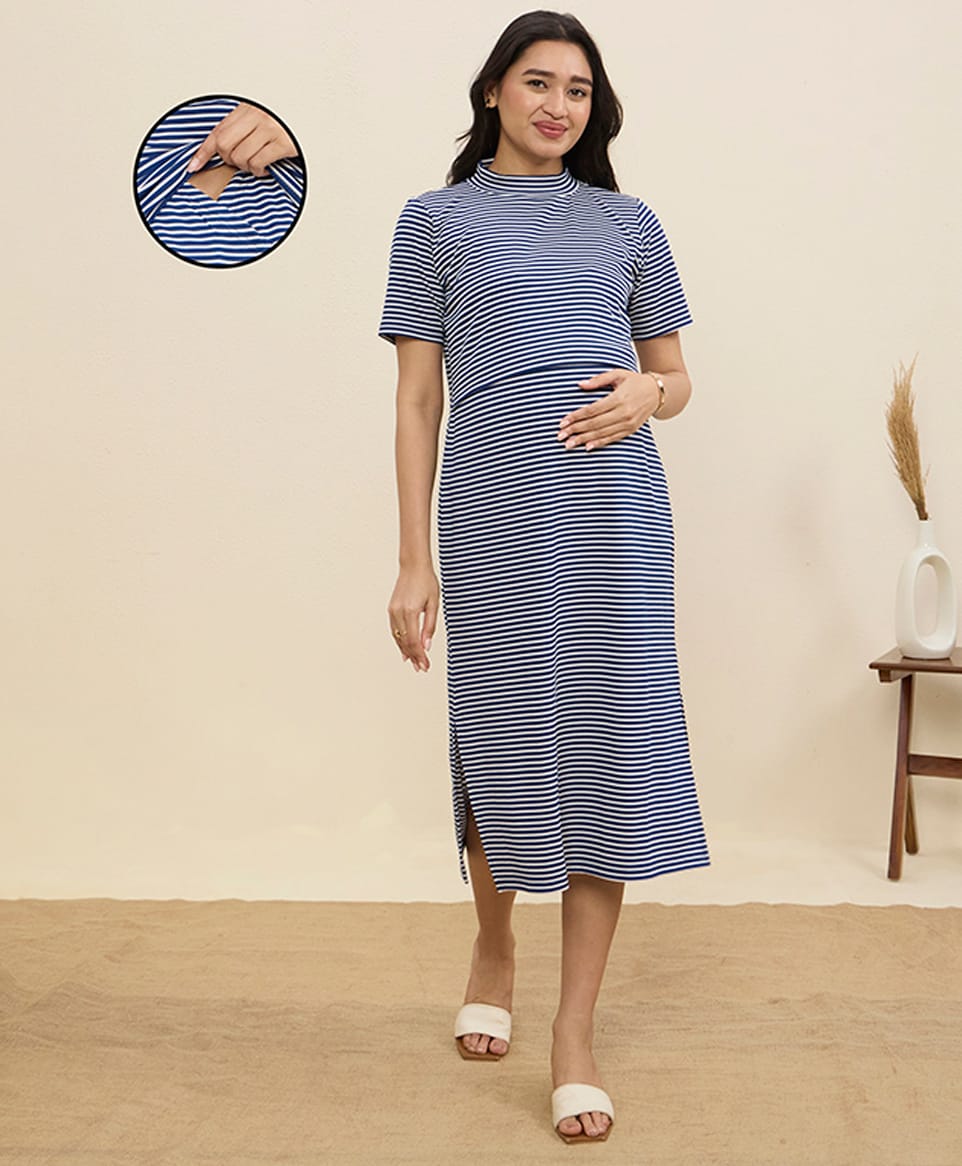 MomToBe Knit Half Sleeves Striped Maternity Dress With Overlap Nursing Access - Royal Blue-picture-22
