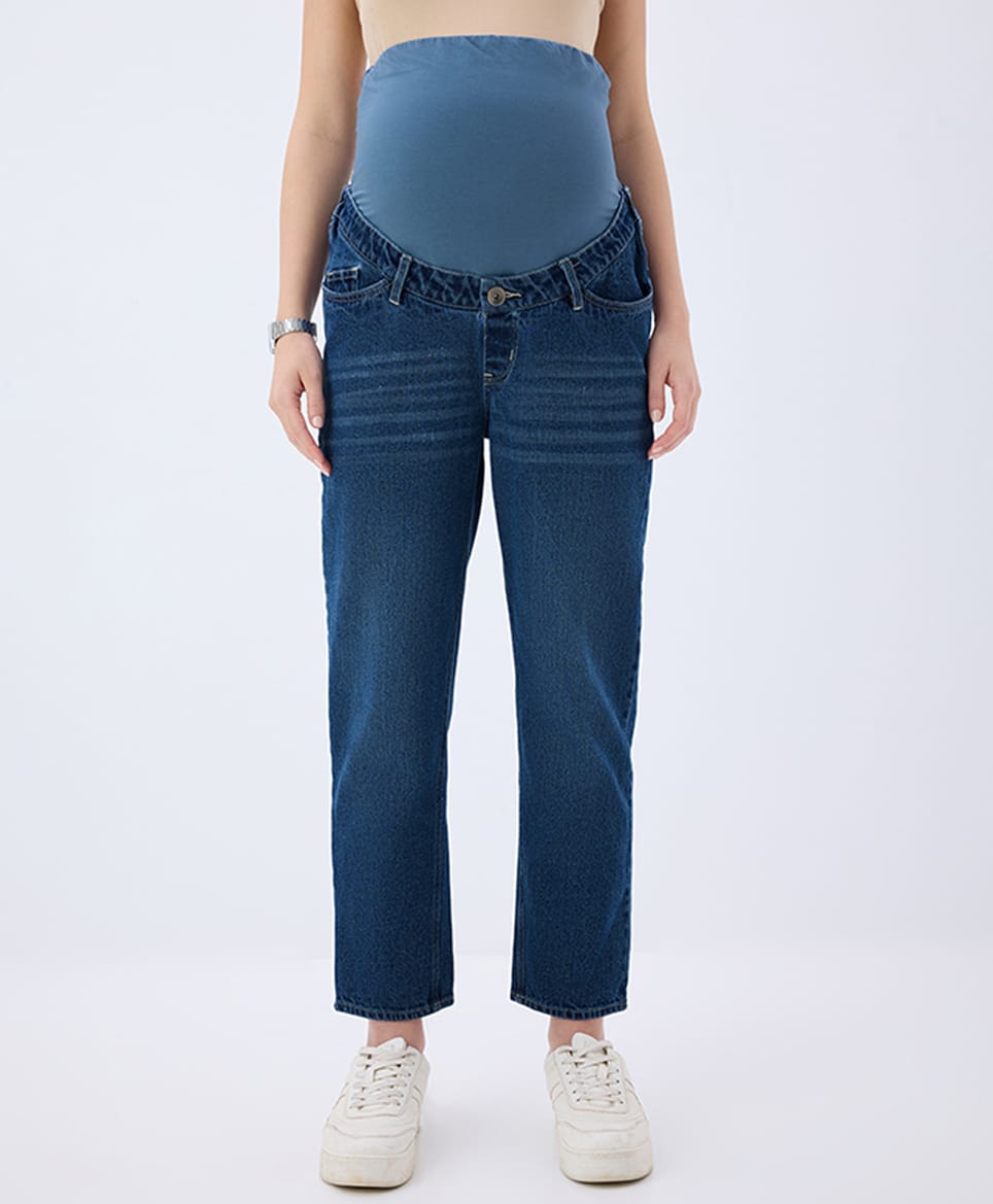 MomToBe Cotton Knit Mild Washed Maternity Jeans With Tummy Support - Denim Blue