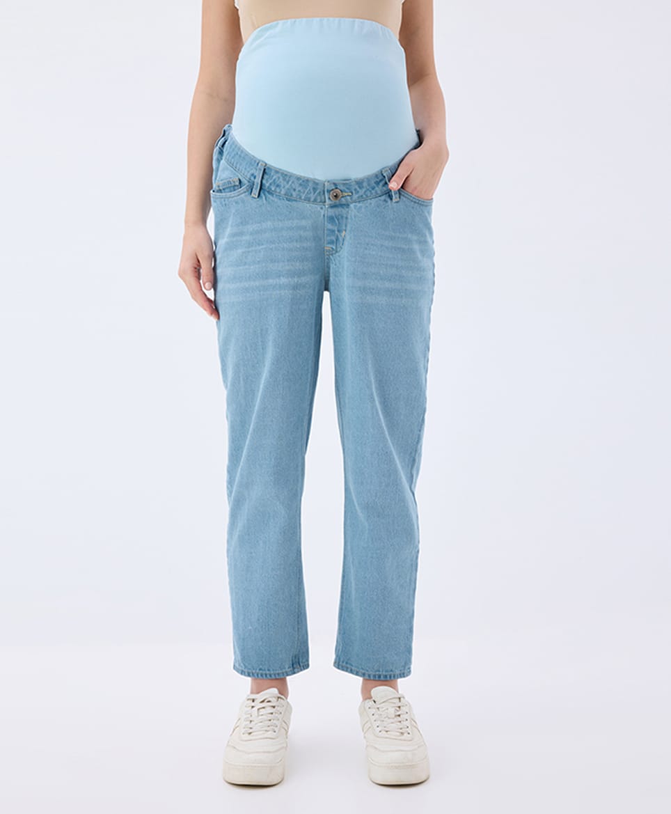 MomToBe Cotton Knit Mild Washed Maternity Jeans With Tummy Support - Sky Blue-picture-24