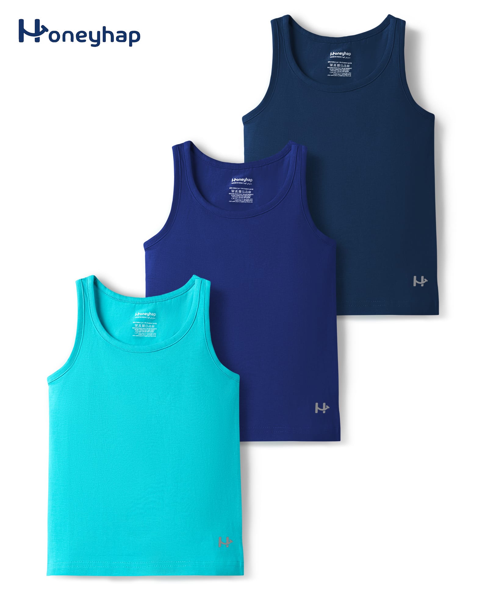 Honeyhap Premium 100% Cotton Elastane Knit With Bio Finish Sleeveless Solid Vests Pack of 3 - Limoges Scuba Blue & Navy Peony-image-17