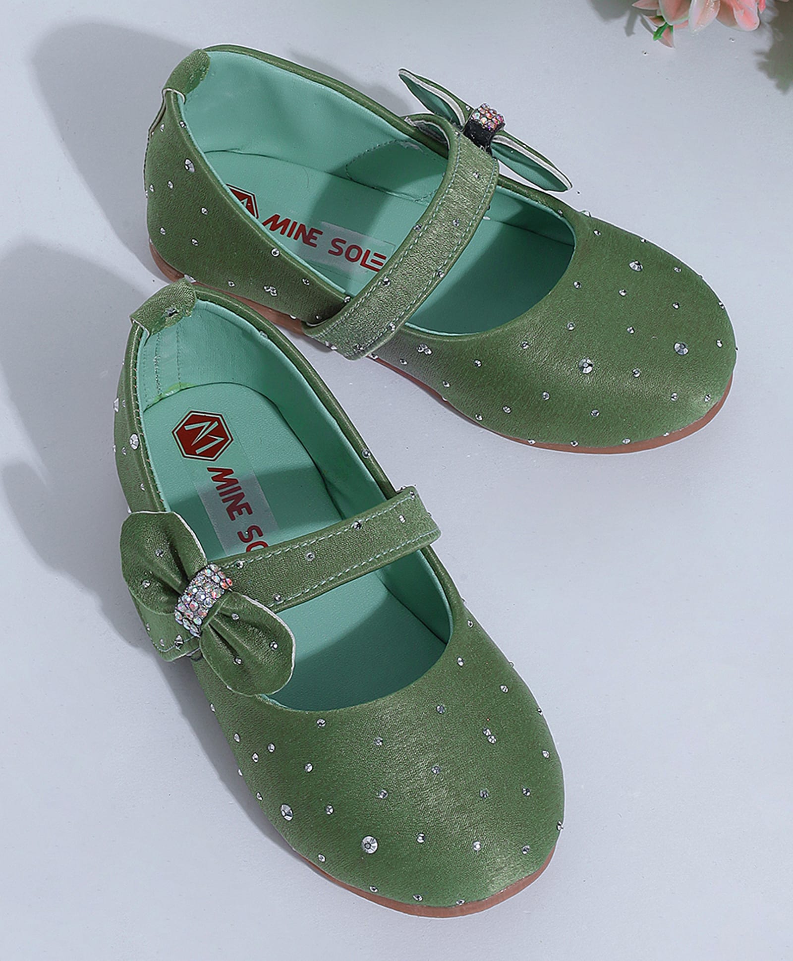 Mine Sole Bow Applique Detailed Stones Embellished Velcro Closure Mary Jane Ballerinas - Olive Green-image-19