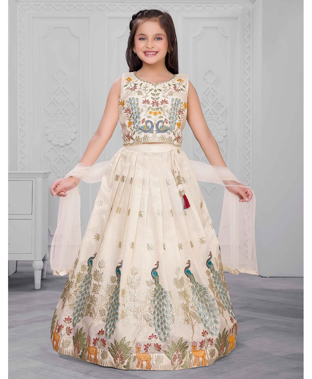 Ministitch Blended Woven Sleeveless Peacock & Floral Embroidered Lehenga Choli With Dupatta Set - Cream-picture-26
