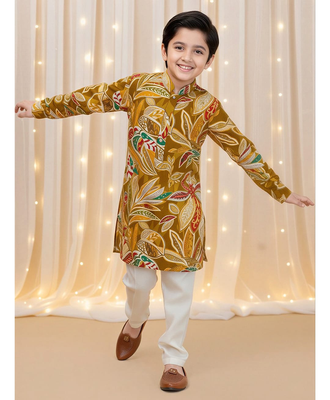 Ministitch Cotton Rayon Woven Full Sleeves Leaves Printed Kurta & Pyjama Set - Mustard Yellow-image-35
