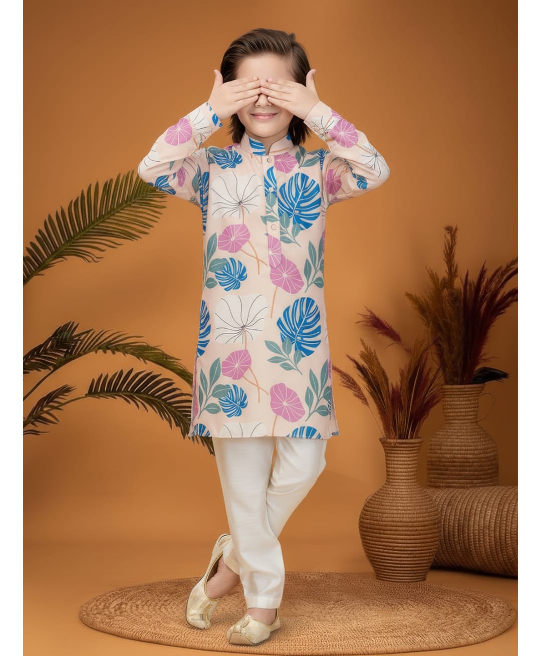 Ministitch Cotton Silk Woven Full Sleeves Leaves Printed Kurta & Pyjama Set - Beige-image-6