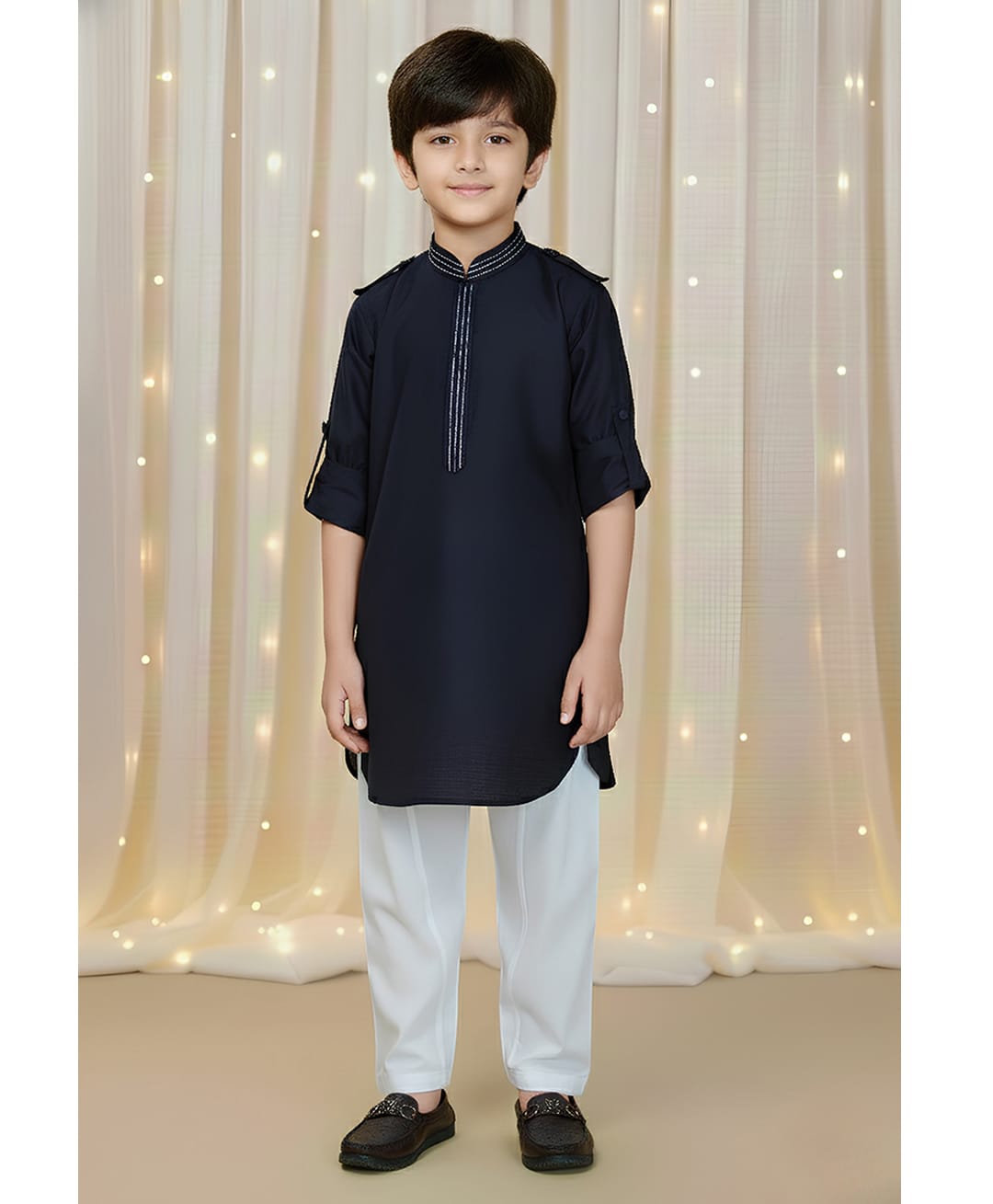 Ministitch Cotton Silk Woven Full Sleeves Solid Kurta & Pyjama Set - Navy Blue