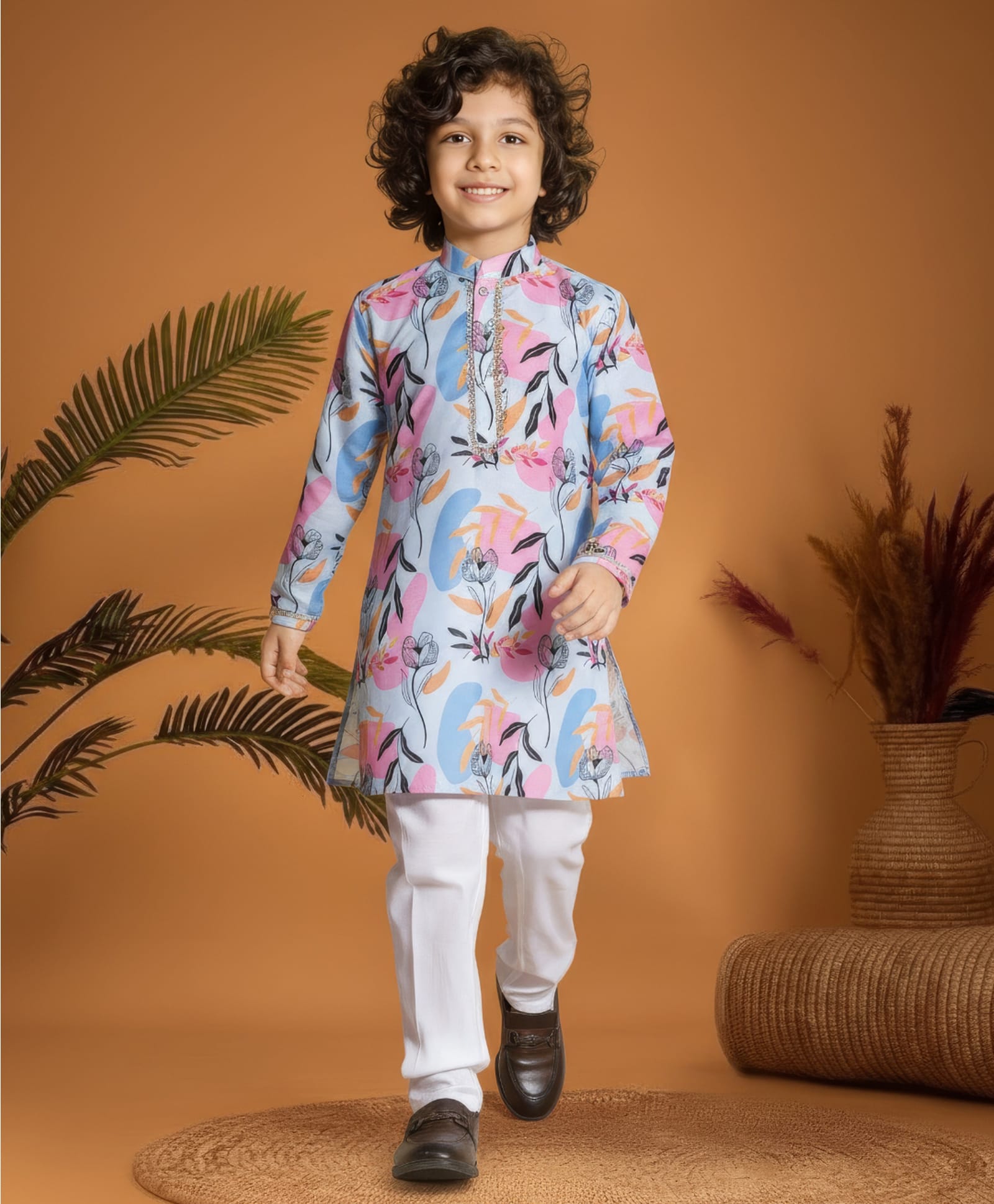 Ministitch Muslin Cotton Woven Full Sleeves Leaves & Floral Printed Kurta & Pyjama Set - Sky Blue-image-20