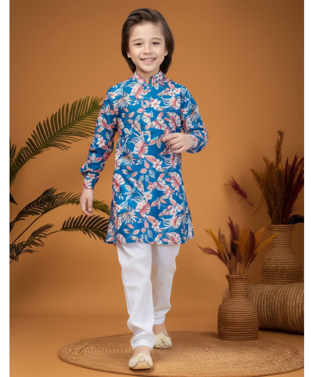 Ministitch Cotton Silk Woven Full Sleeves Floral & Leaves Printed Kurta & Pyjama Set - Teal-image-24