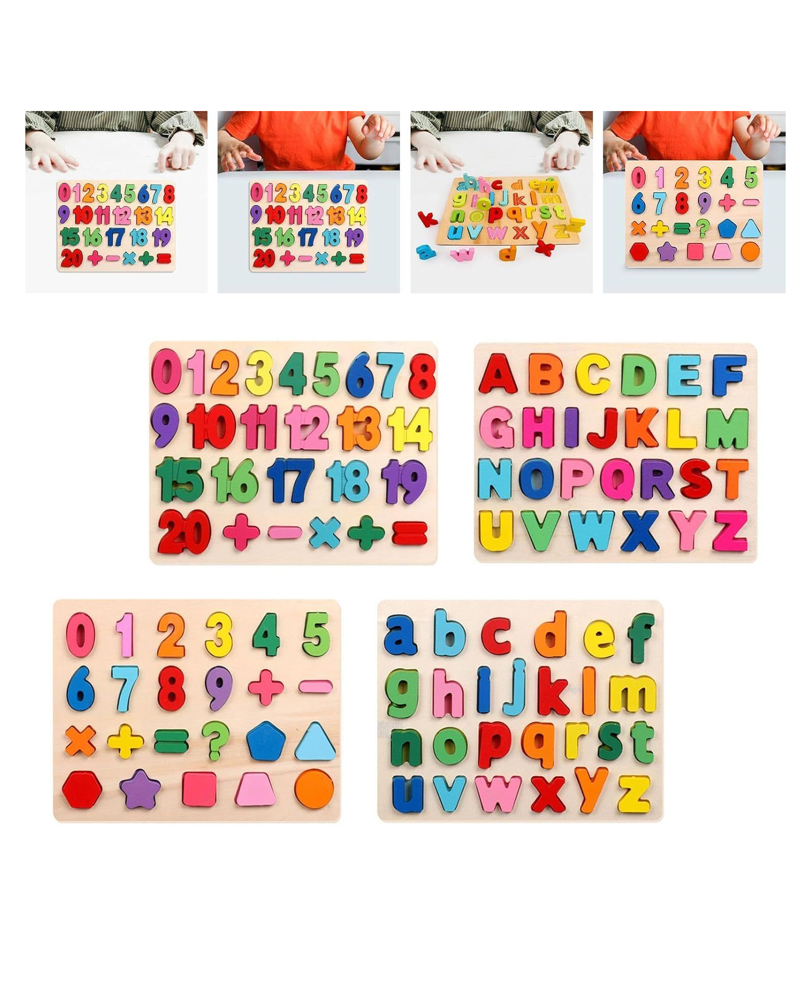 Sanjary pack of 4 Colorful Wooden Alphabet and Number Puzzle Board with Shapes, Math Symbols, and Educational Learning Toy for Kids color design may vary-image-7