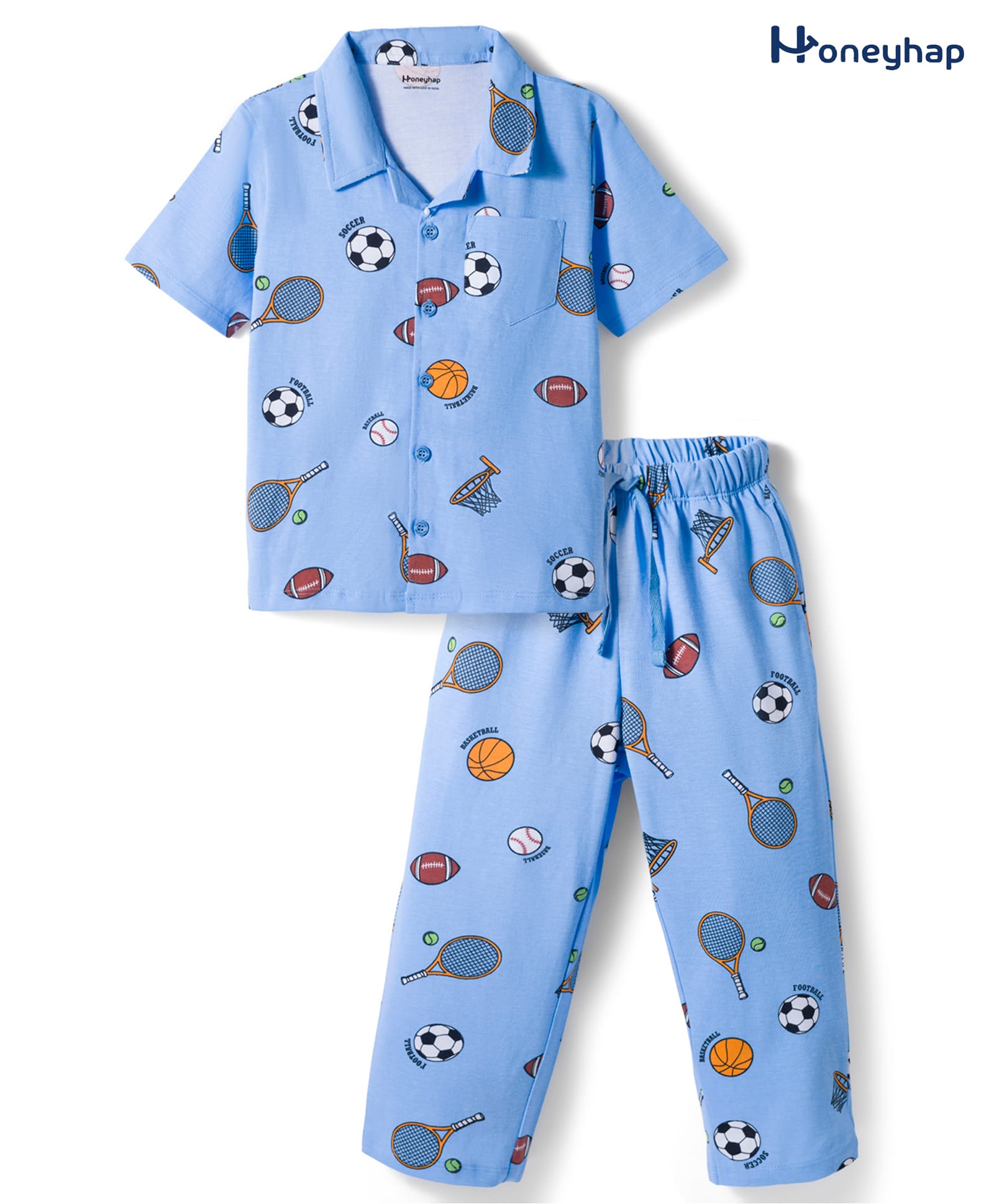 Honeyhap Premium 100% Cotton Knit Half Sleeves Sports Theme Printed Shirt & Pyjama Co-ords Night Suit with Bio Finish - Dutch Canal-image-22