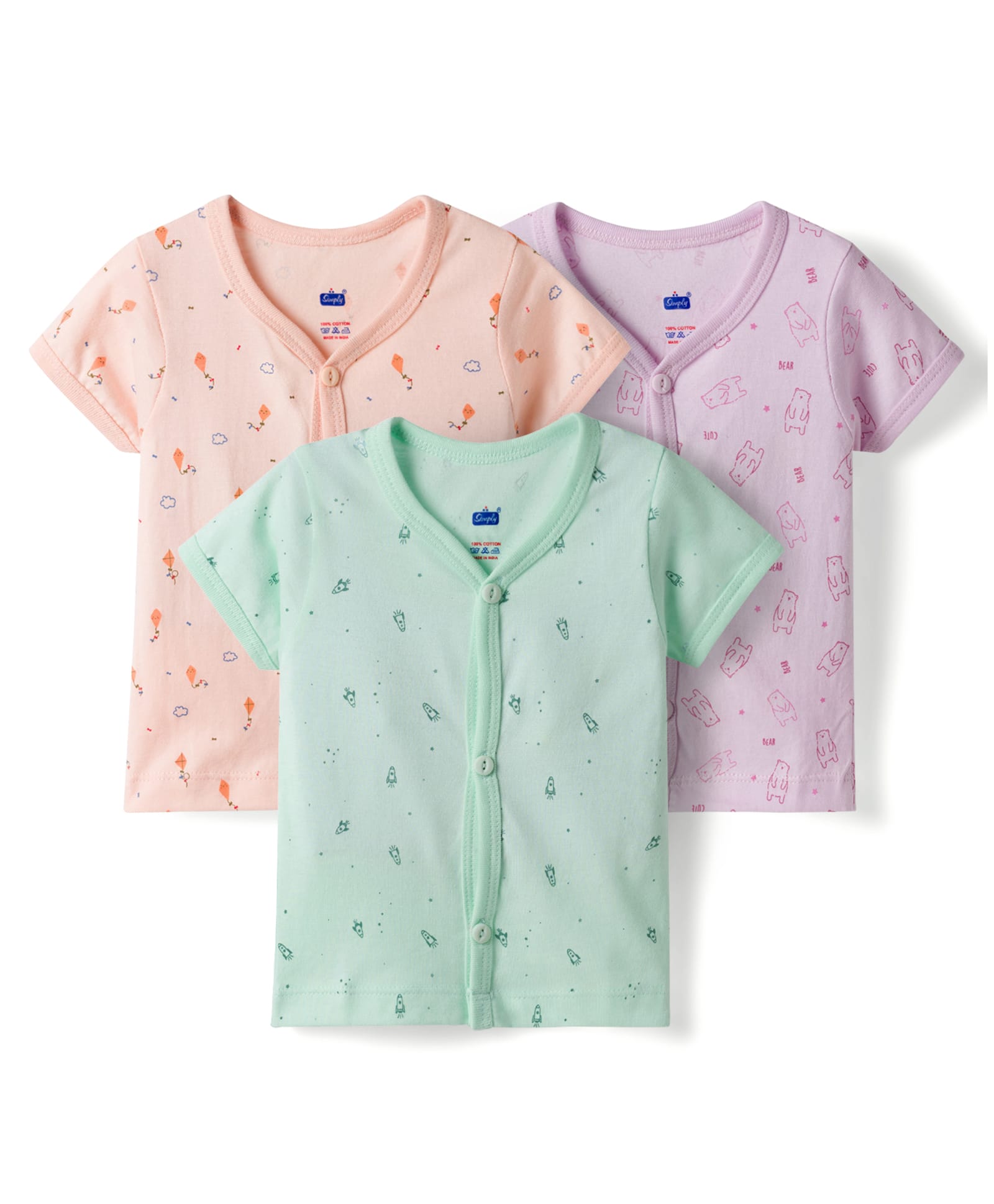 Simply Sinker Knit Half Sleeves Space Theme & Animal Printed Jhablas Pack of 3 - Light Green Lilac & Peach-image-32