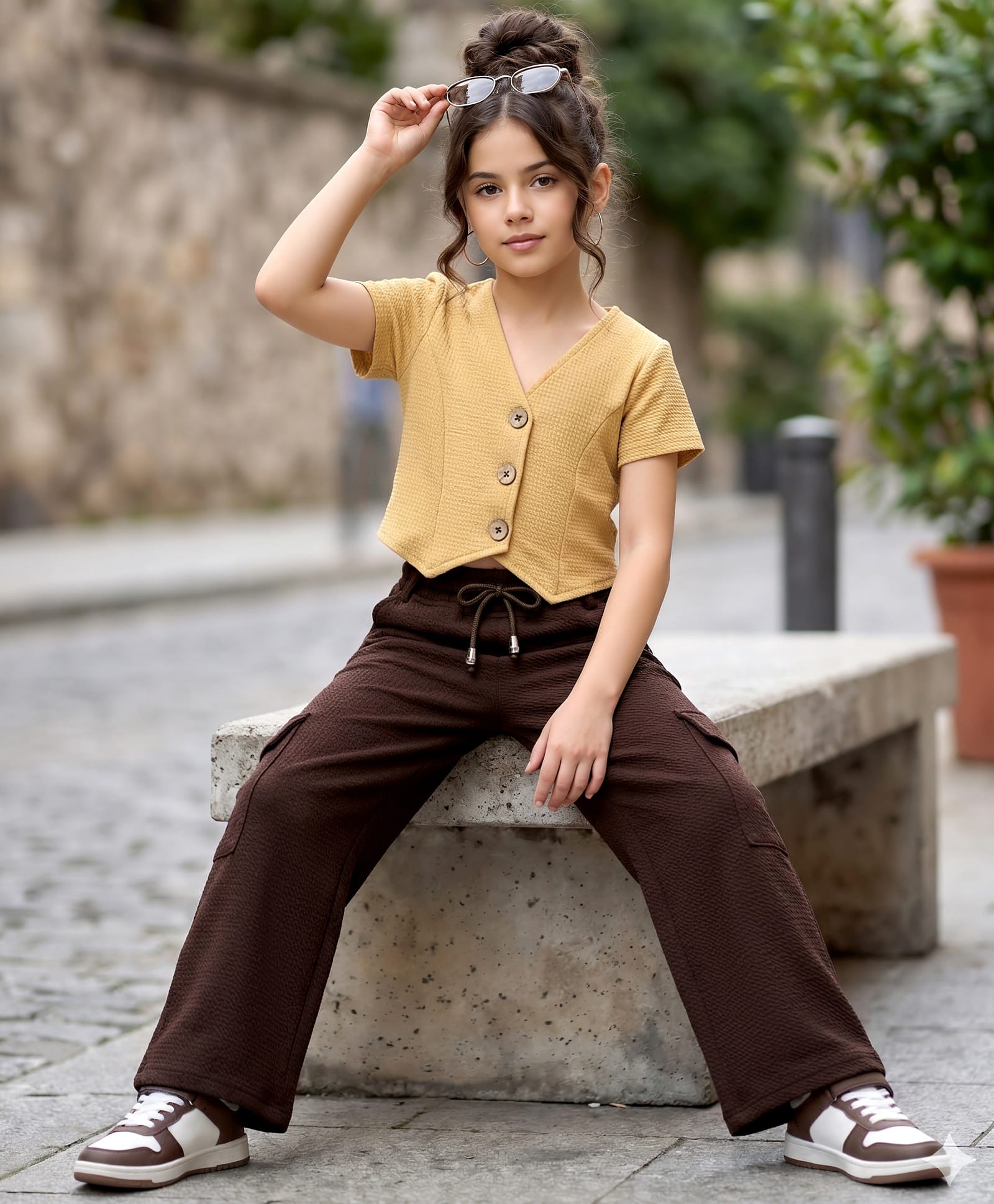 OLLINGTON ST. Knit Half Sleeves Solid Top & Waffle Culottes - Beige & Brown-image-19