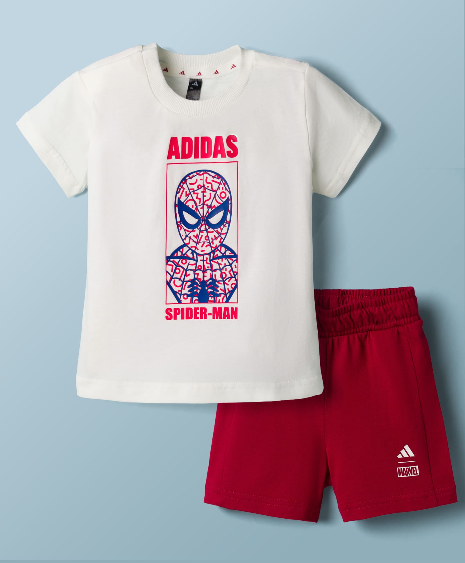 ADIDAS KIDS 100% Cotton Knit Half Sleeves T-Shirt & Shorts Set With Spiderman Print - White & Maroon-image-35